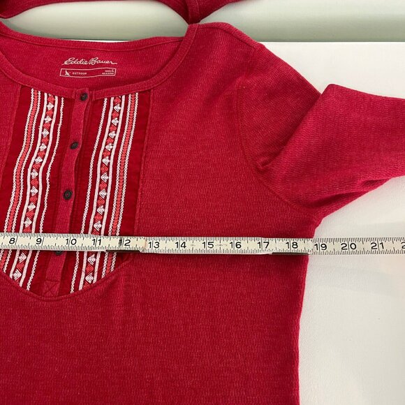 Eddie Bauer Womens Thermal Shirt Top Size Large Red Aztec Embroidered Round Neck - Picture 7 of 9